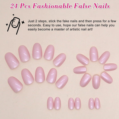 24 Stück Mandel Nägel Aufkleben Rosa Aurora French Press On Nails