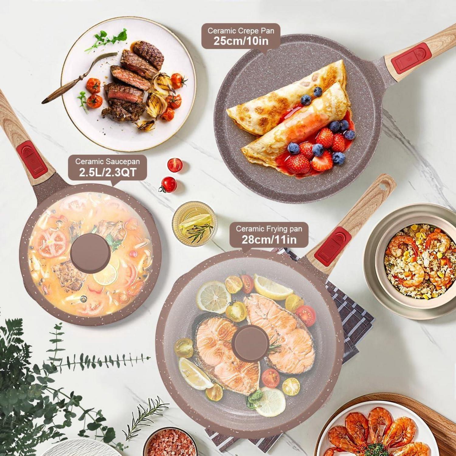 Keramik Kochgeschirr-Set 7-teilig: Pfanne 28cm, Stielkasserolle 20cm, Crepe