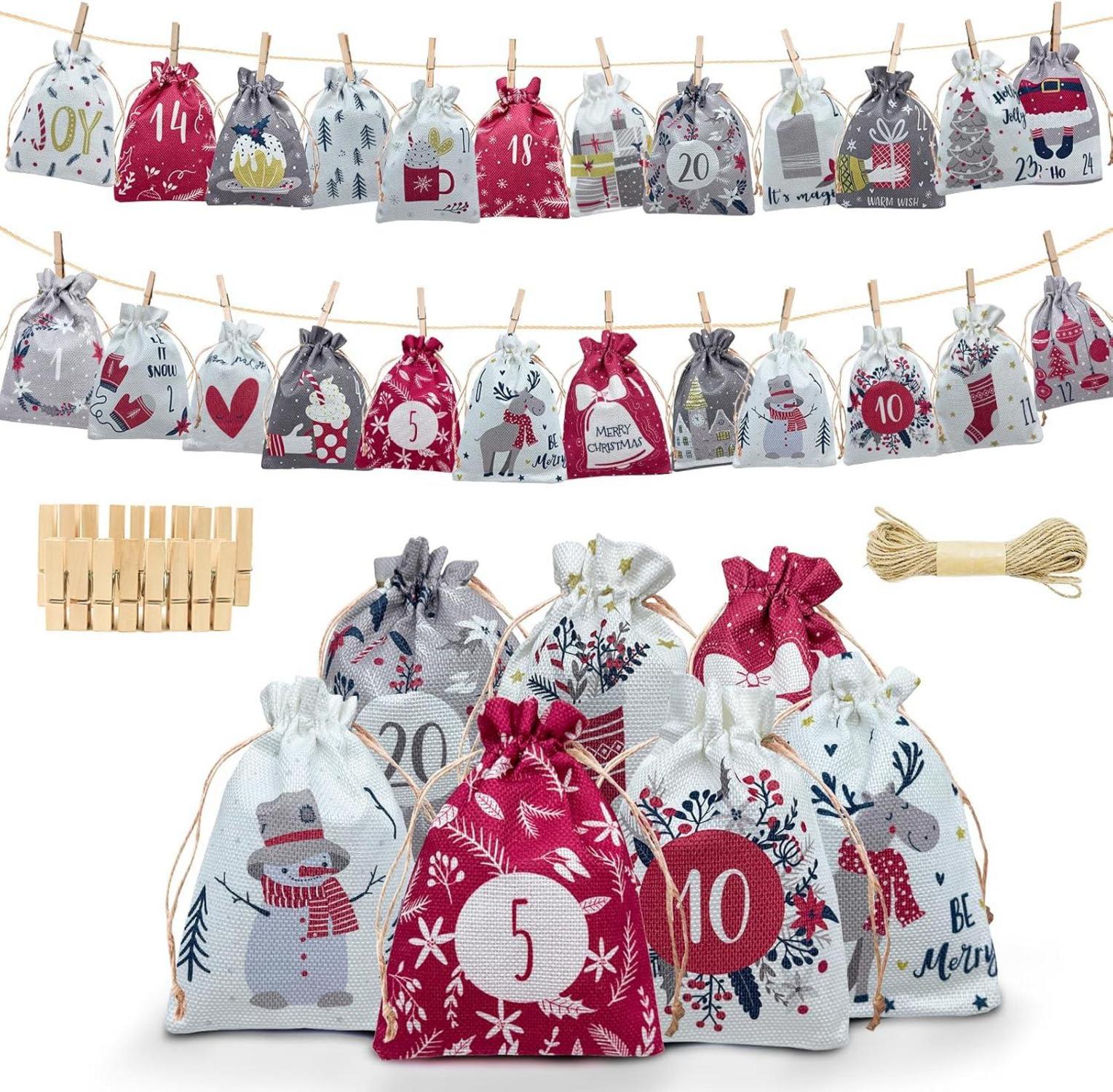 24er Weiße Stoffbeutel Adventskalender Weihnachtsmuster & Clips
