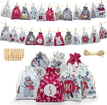 24er Weiße Stoffbeutel Adventskalender Weihnachtsmuster & Clips