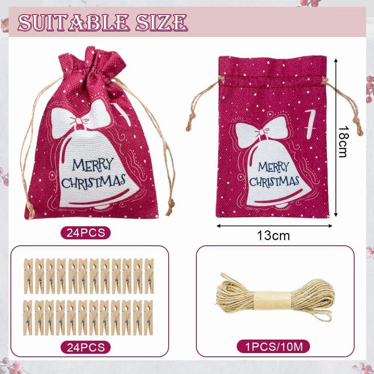 24er Weiße Stoffbeutel Adventskalender Weihnachtsmuster & Clips