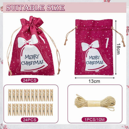 24er Weiße Stoffbeutel Adventskalender Weihnachtsmuster & Clips
