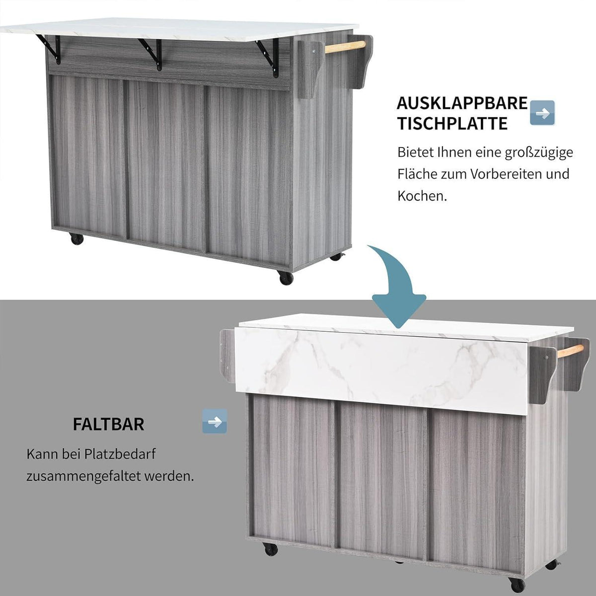 Klappbare Kücheninsel mit Schubladen & Ablage – Gray