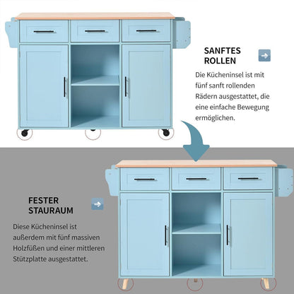 Klappbare Kücheninsel Blau mit Schubladen & Ablage