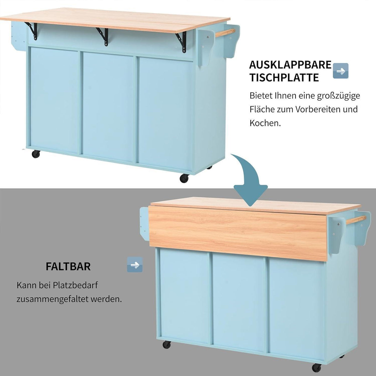Klappbare Kücheninsel Blau mit Schubladen & Ablage