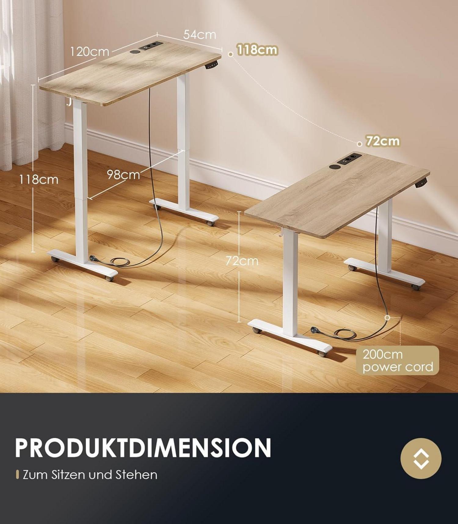 Elektrischer höhenverstellbarer Schreibtisch mit USB und Memory-Funktion, 120cm, Beige