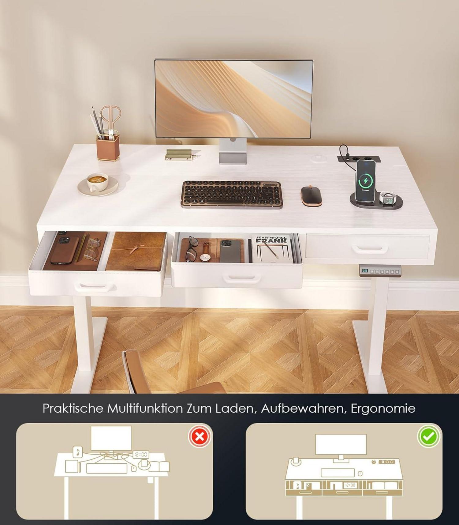 Höhenverstellbarer Schreibtisch Weiß mit Schubladen 120cm