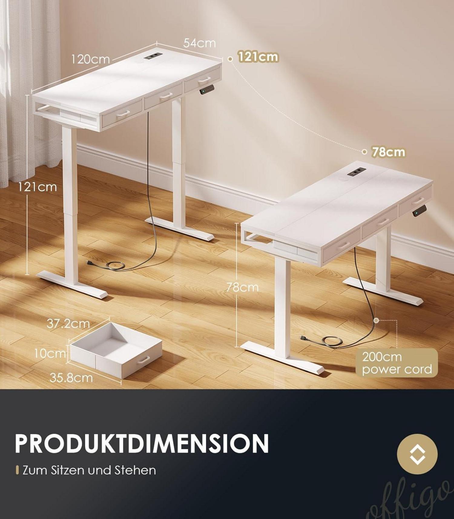 OffiGo Elektrischer Schreibtisch Höhenverstellbarer Weiß USB Type-C 120cm