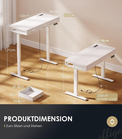 OffiGo Elektrischer Schreibtisch Höhenverstellbarer Weiß USB Type-C 120cm