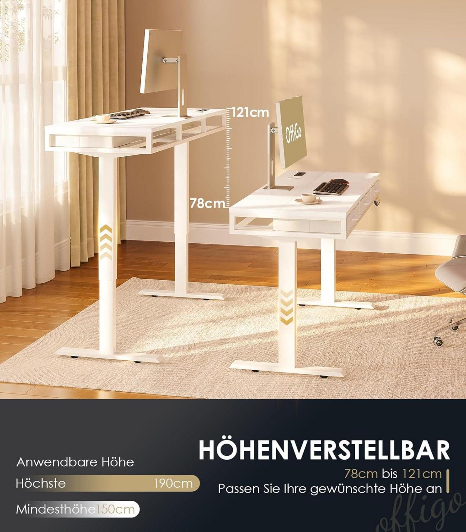 Weißer Elektrischer Schreibtisch 140cm Höhenverstellbar mit Stoffschubladen