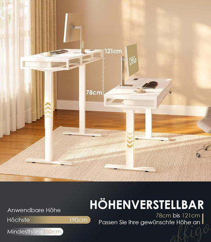 Weißer Elektrischer Schreibtisch 140cm Höhenverstellbar mit Stoffschubladen