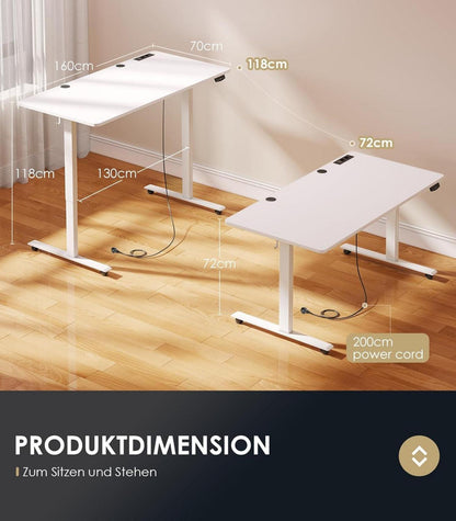 Höhenverstellbarer Schreibtisch 160cm USB Memory Standing Desk Blanc
