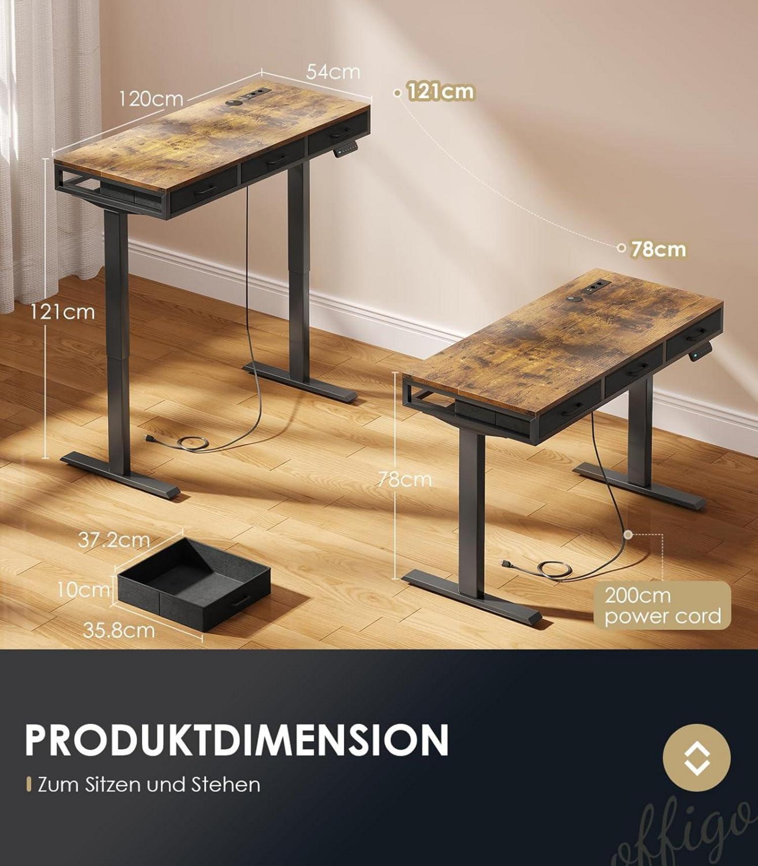 OffiGo Höhenverstellbarer Schreibtisch 120cm mit USB-Type-C, Braun