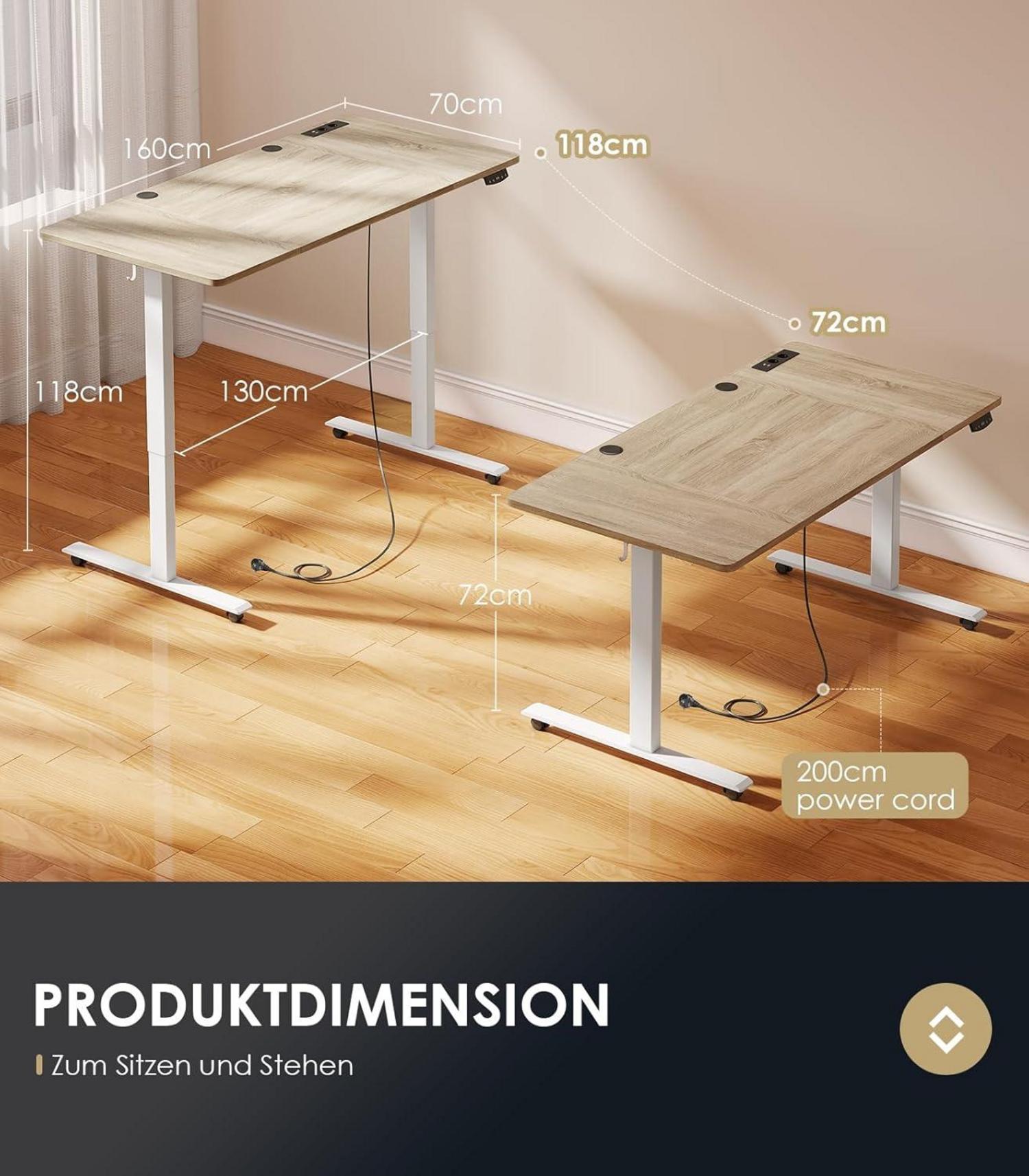 OffiGo Elektrischer Schreibtisch 160cm Höhenverstellbar mit USB und Memory-Funktion Beige