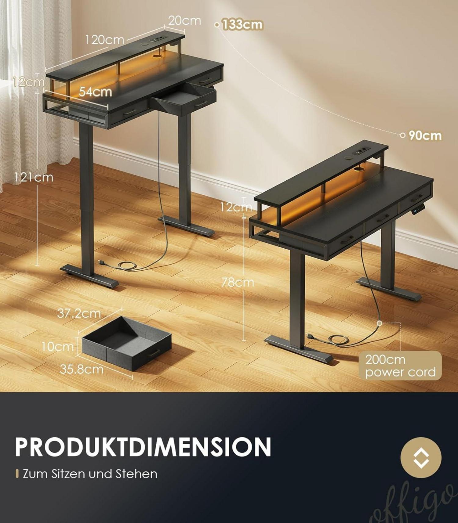 Elektrischer Schreibtisch mit Schubladen und Monitorständer, Gaming Tisch mit Steckdosen und Lichtleiste, Schwarz