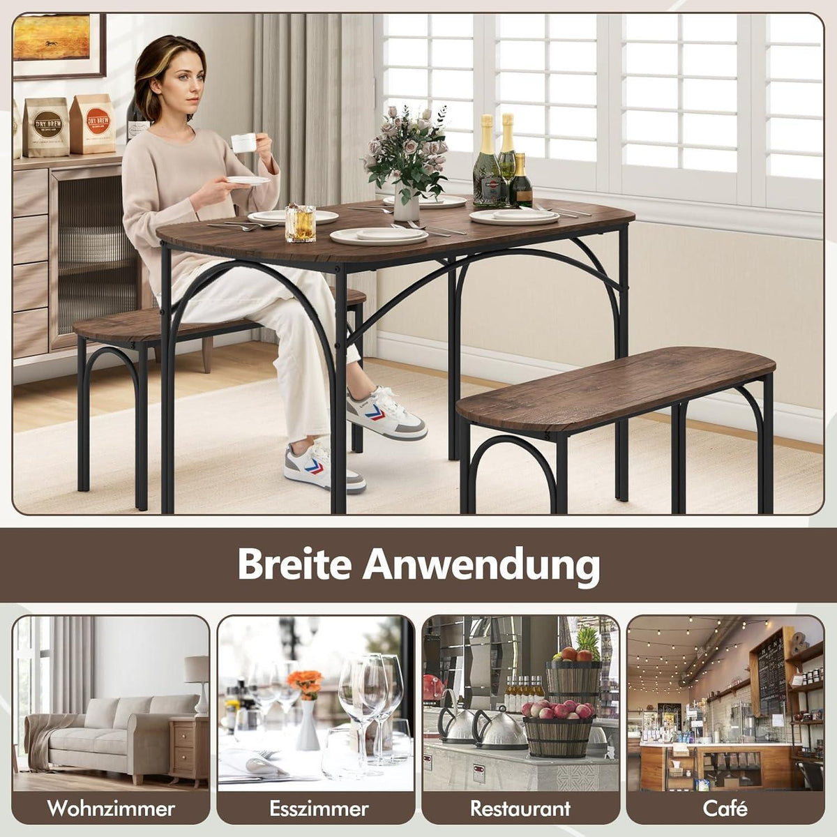 Esstisch Set 3-teilig mit Bänken – Rustikales Braun