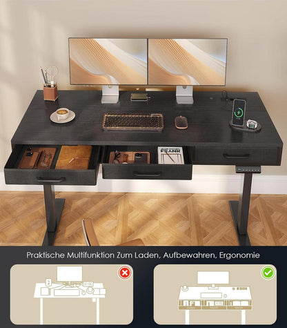 Höhenverstellbarer Schreibtisch mit Schubladen und USB-Anschluss, Schwarz