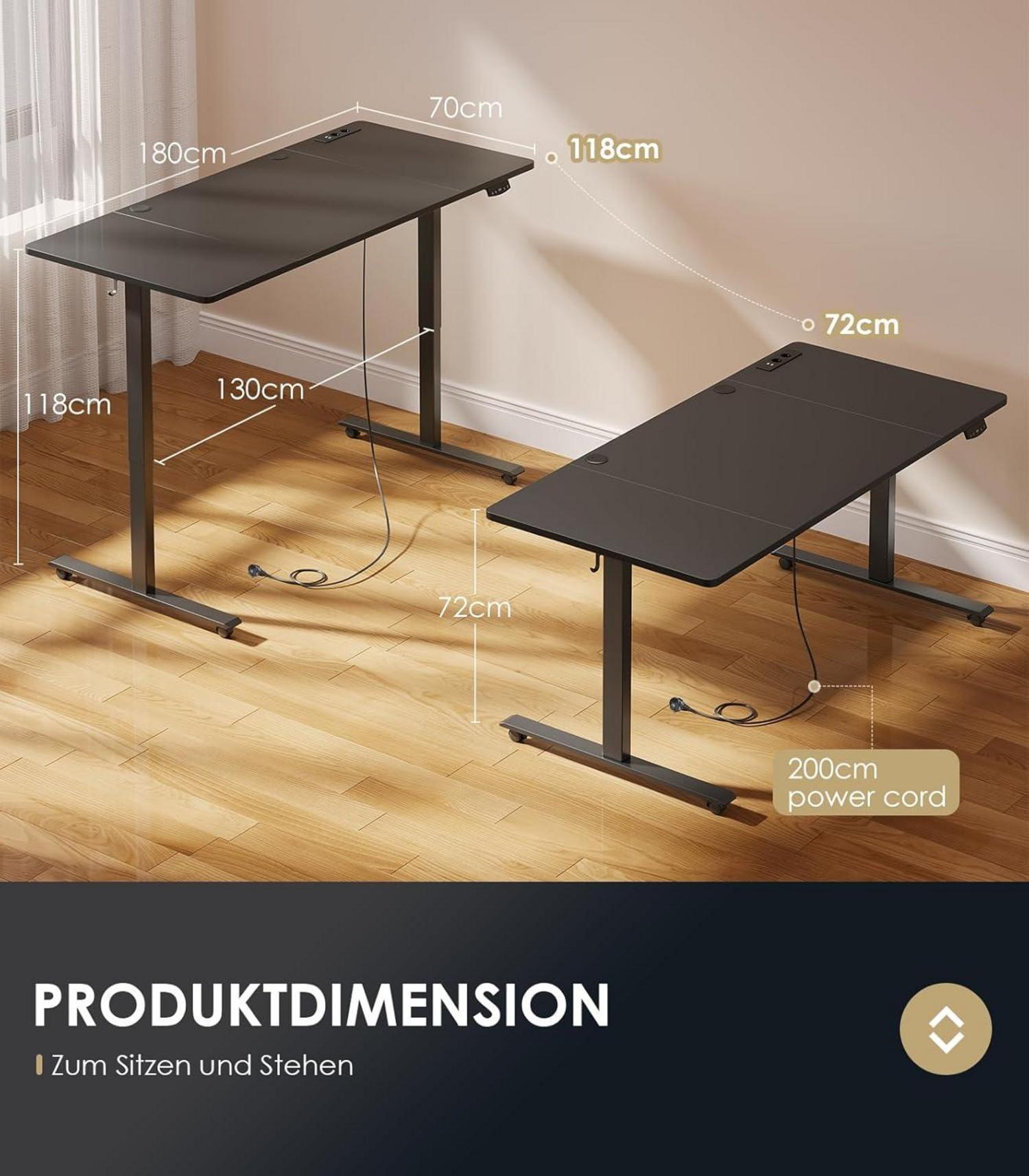 OffiGo 180cm Höhenverstellbarer Schreibtisch mit USB Schwarz