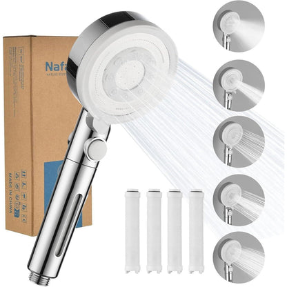 Duschkopf mit 4 PP-Filtern, 5 Strahlarten, Wassersparend, Chrom/Weiß