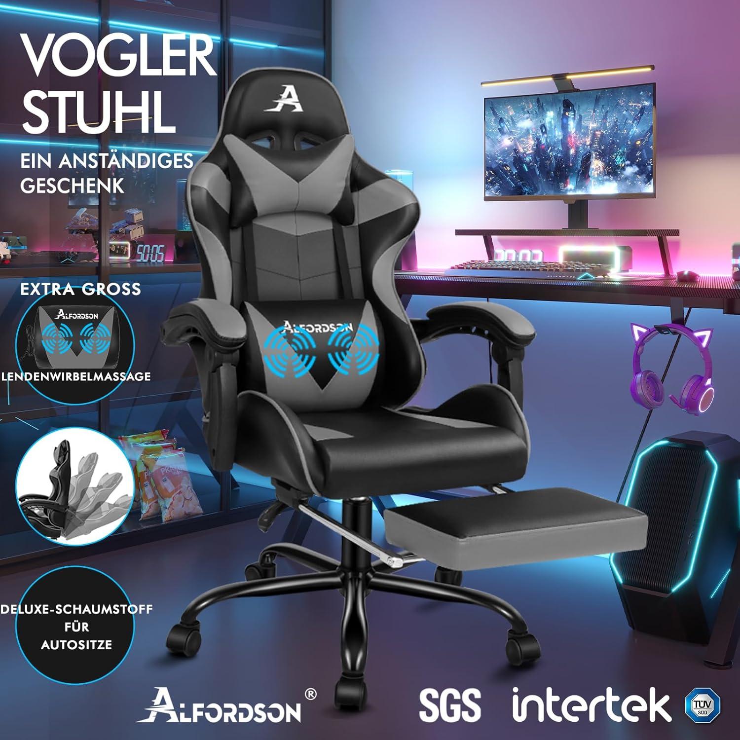Ergonomischer Massage-Gaming-Stuhl mit Fußstütze grau 180kg