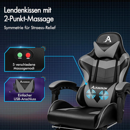 Ergonomischer Gaming-Stuhl mit Massagefunktion und Fußstütze, PU-Leder, höhenverstellbar, 180 kg, Grau
