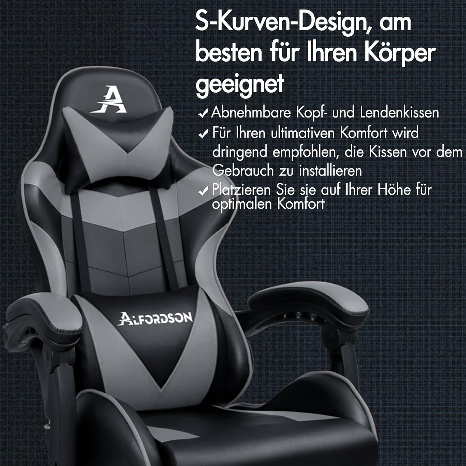 Ergonomischer Gaming-Stuhl Massage Bürostuhl 180kg Grau PU-Leder