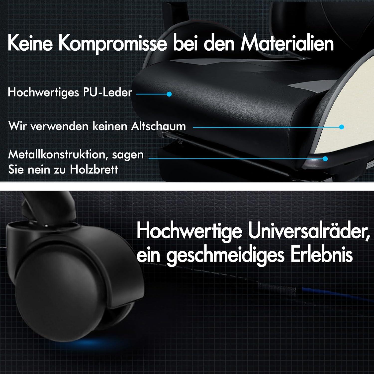 Ergonomischer Massage Gaming Bürostuhl mit einziehbarer Fußstütze Grau