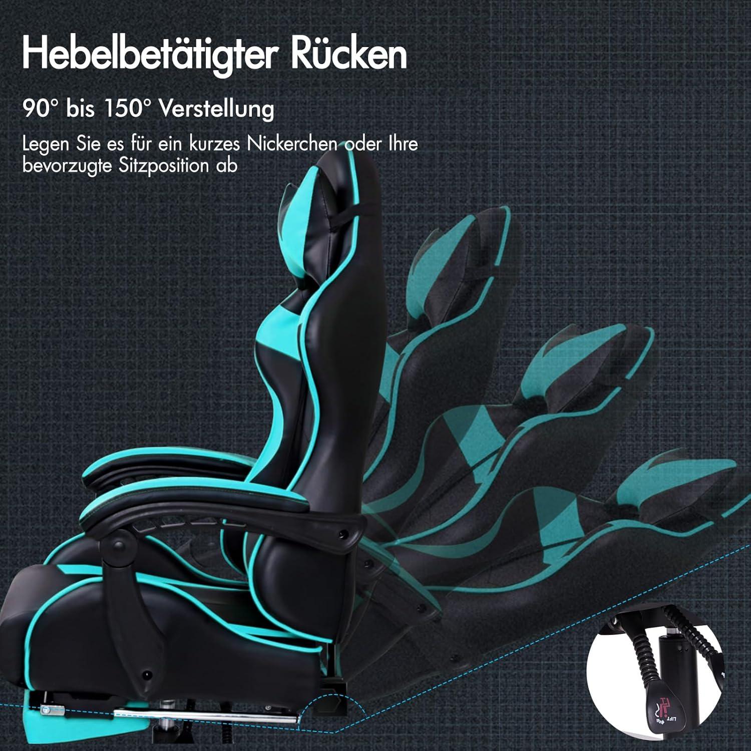 Ergonomischer Massage Gaming Stuhl 150° Neigung PU-Leder höhenverstellbar Cyan Vogler Serie