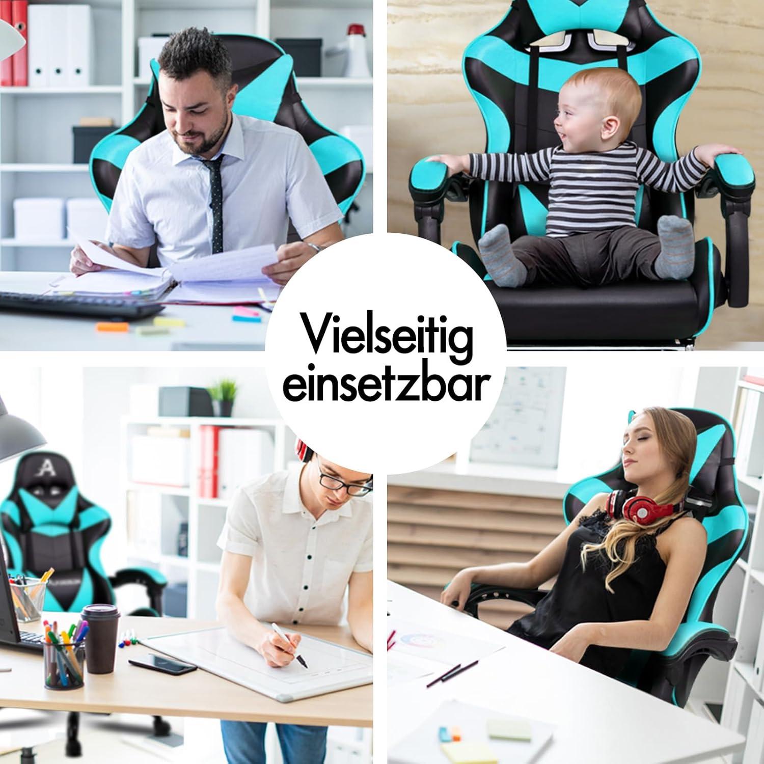 Massage Gaming Stuhl ergonomisch höhenverstellbar mit Fußstütze Cyan