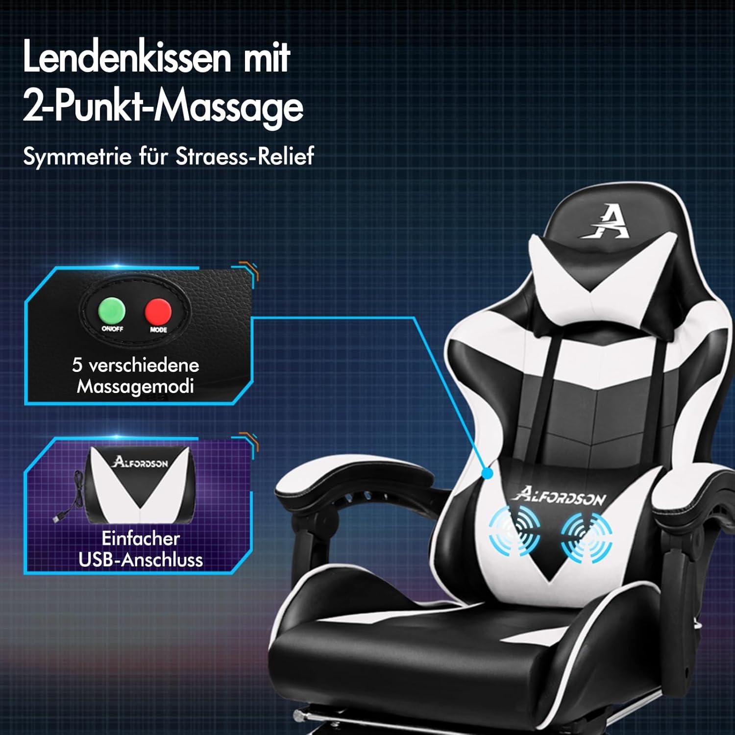 Ergonomischer Gaming-Stuhl mit Massagefunktion und einziehbarer Fußstütze
