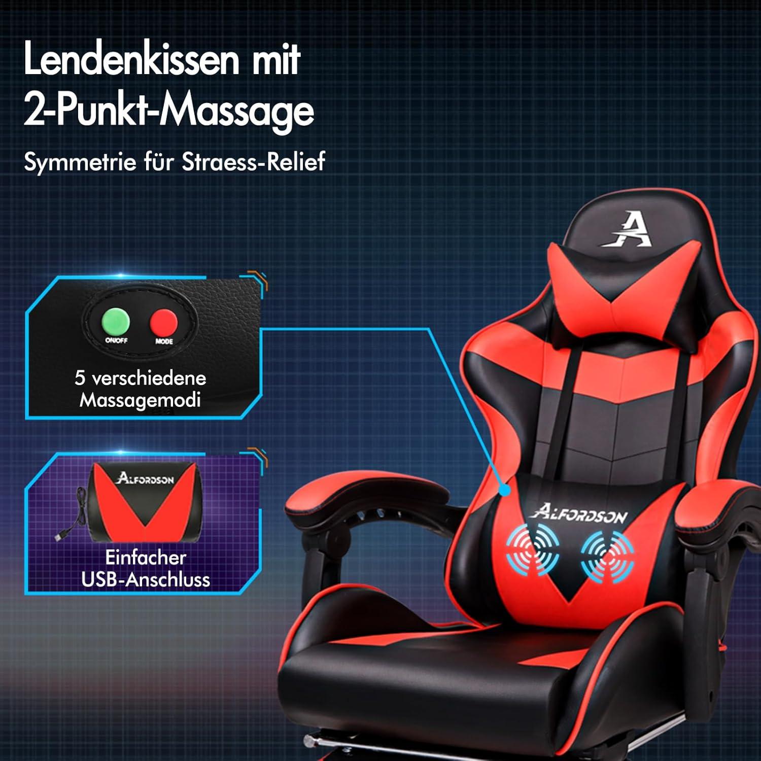 Videospielstuhl ergonomisch Massage Rennstuhl einziehbare Fußstütze PU-Leder höhenverstellbar neigbar 180 kg Tragkraft Rot