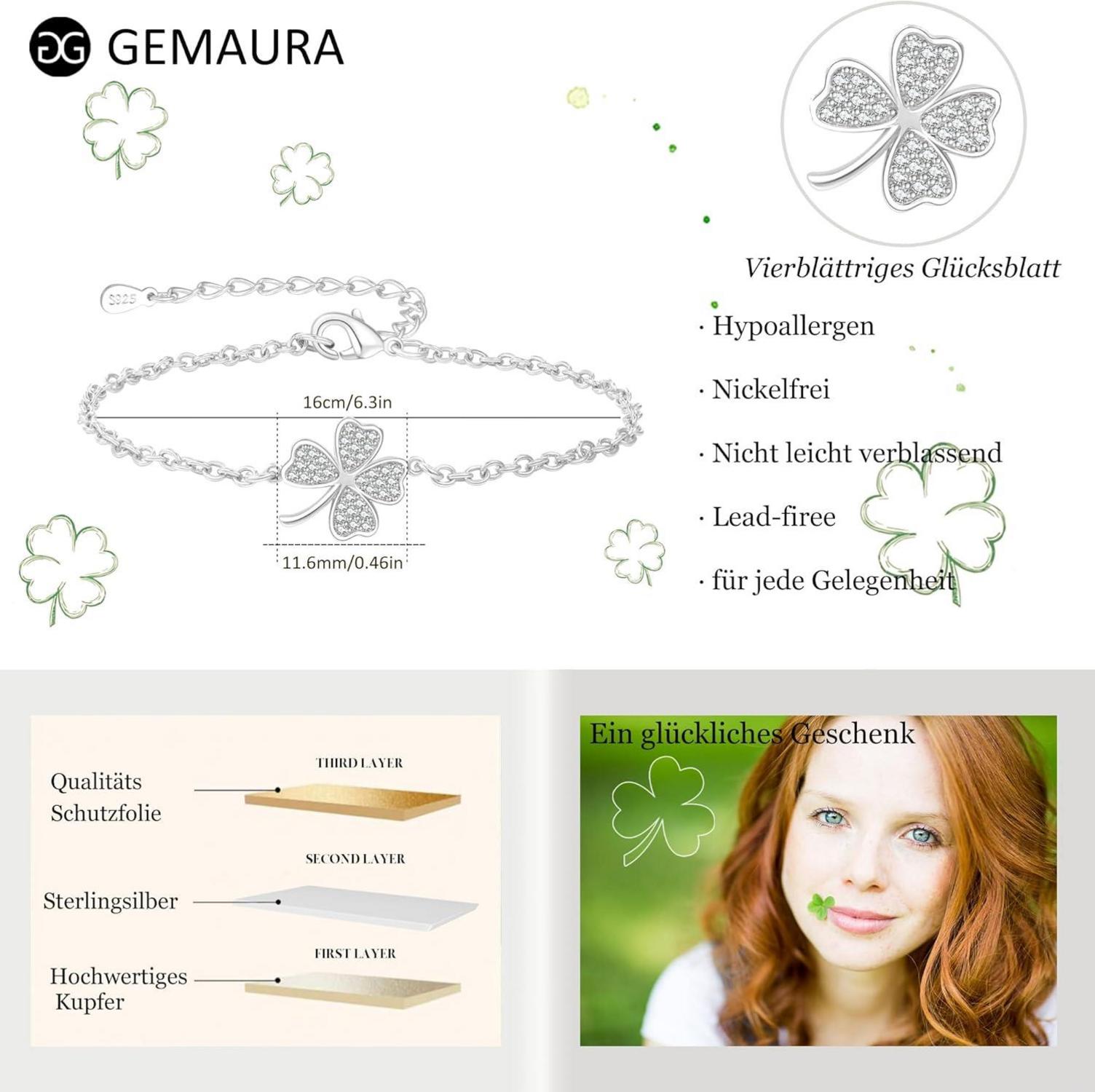 Glücksarmband Kleeblatt Armband Damen Silber Gold Verstellbar 925