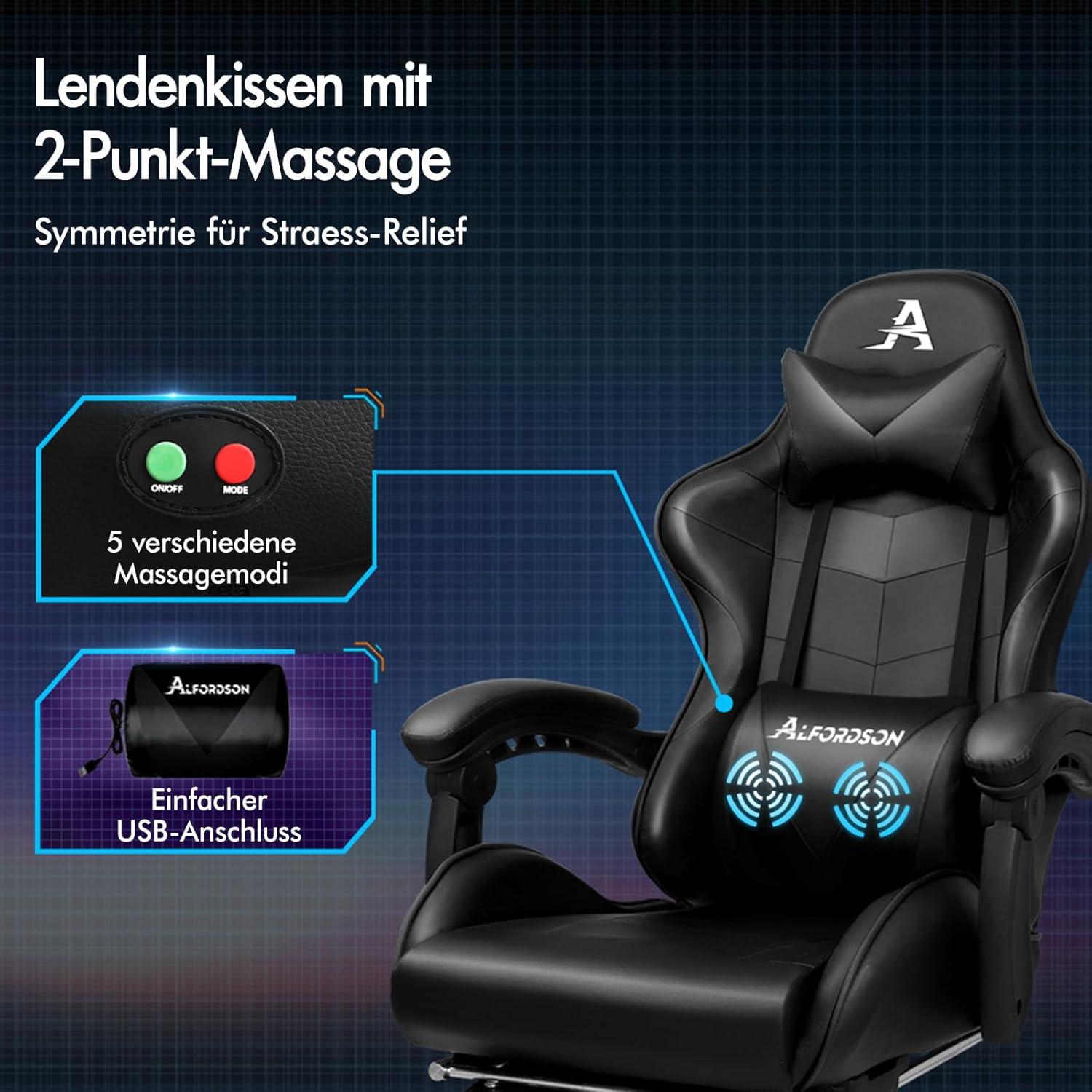 Massage Gaming Stuhl 150° Neigung PU-Leder Fußstütze höhenverstellbar