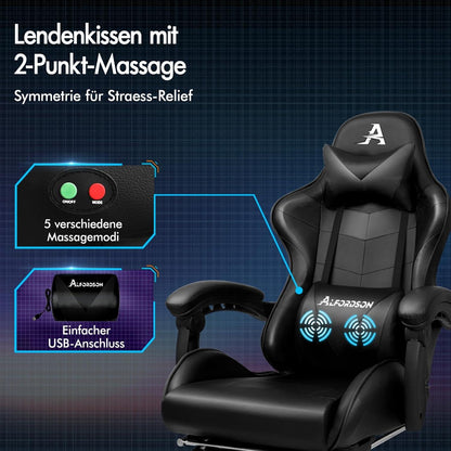 Massage Gaming Stuhl 150° Neigung PU-Leder Fußstütze höhenverstellbar