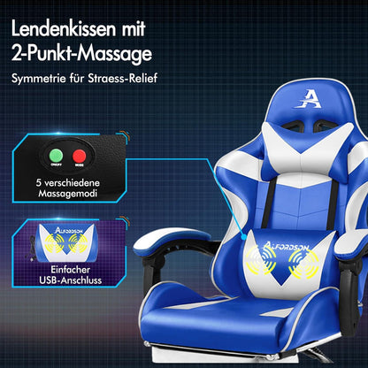 ALFORDSON Gaming-Stuhl mit Massage-Funktion, PU-Leder, ergonomisch, höhenverstellbar, Weiß/Blau