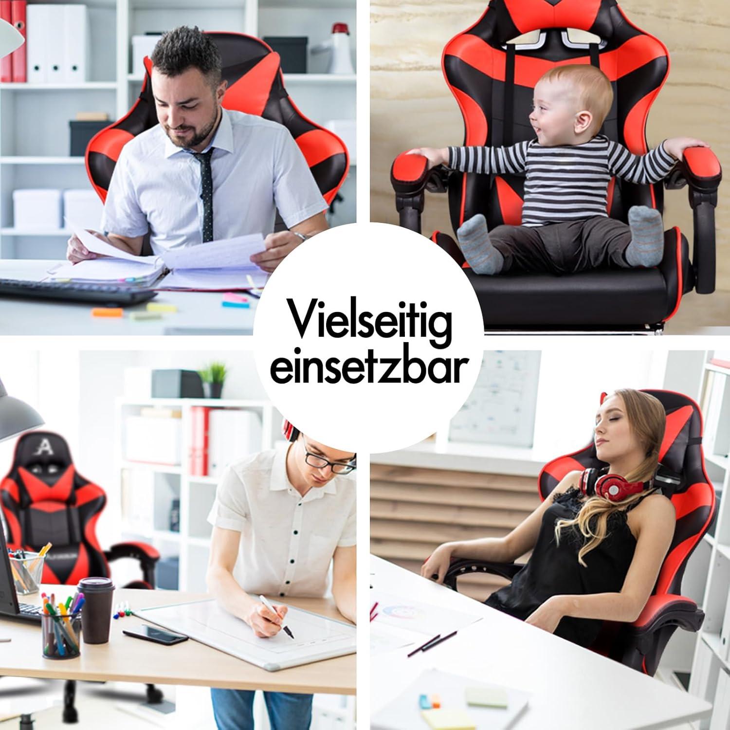 Ergonomischer Massage-Gaming-Stuhl mit Fußstütze, Rot, 180 kg Tragkraft