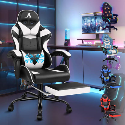 Ergonomischer Massage Gaming-Stuhl PU-Leder Weiß mit Fußstütze 180kg