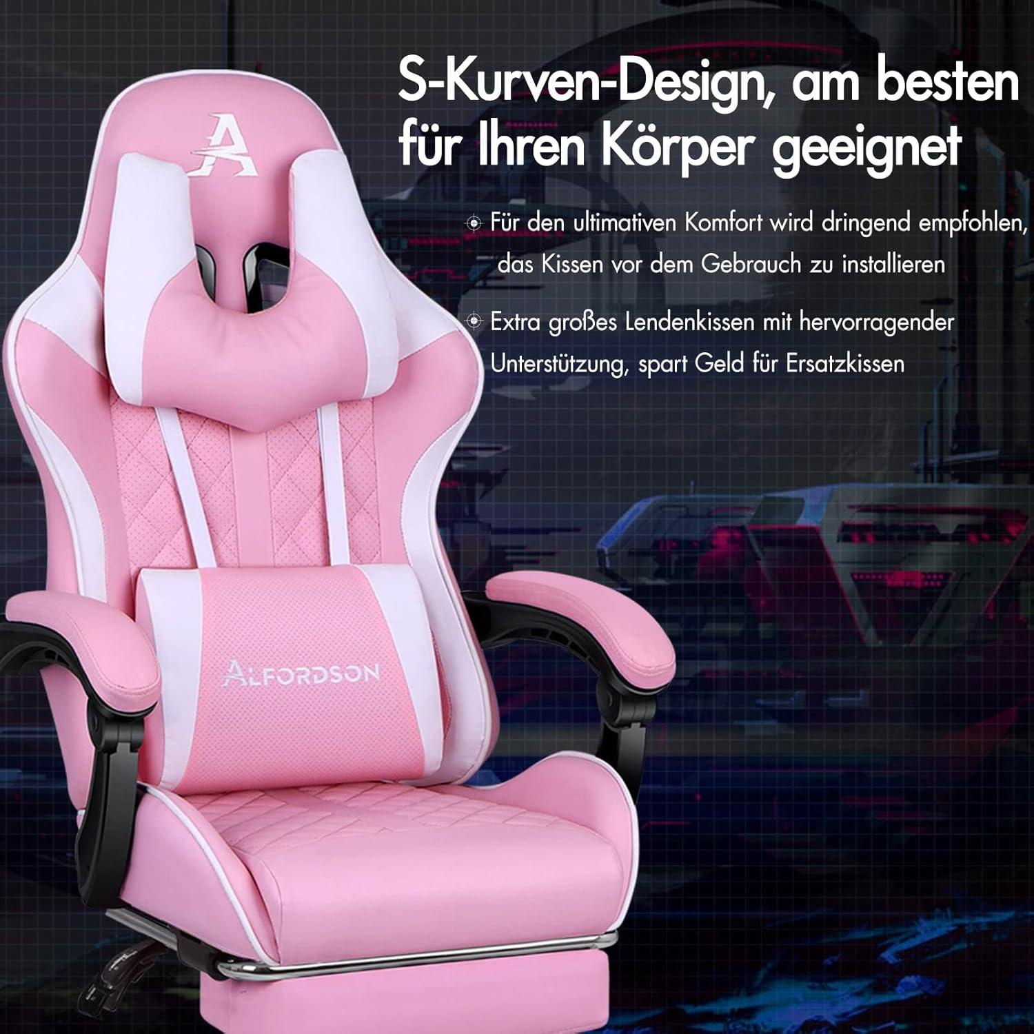 Gaming-Bürostuhl mit Fußstütze, Lendenkissen, Neigungsverstellung, Ledersitz - Rosa