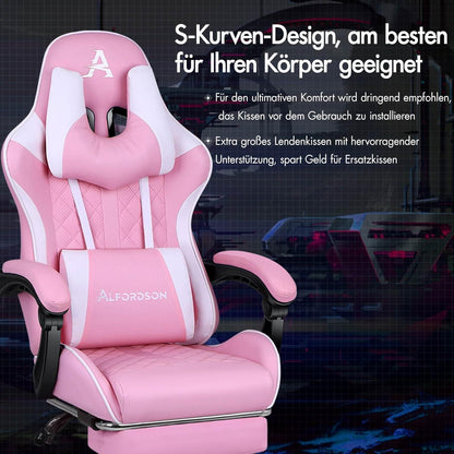 Gaming-Bürostuhl mit Fußstütze, Lendenkissen, Neigungsverstellung, Ledersitz - Rosa