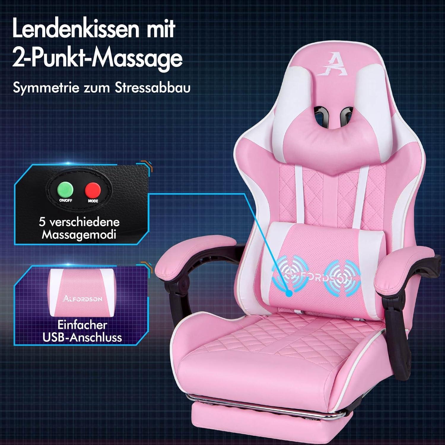 Rosa Gaming-Bürostuhl mit Fußstütze und Lendenwirbelkissen
