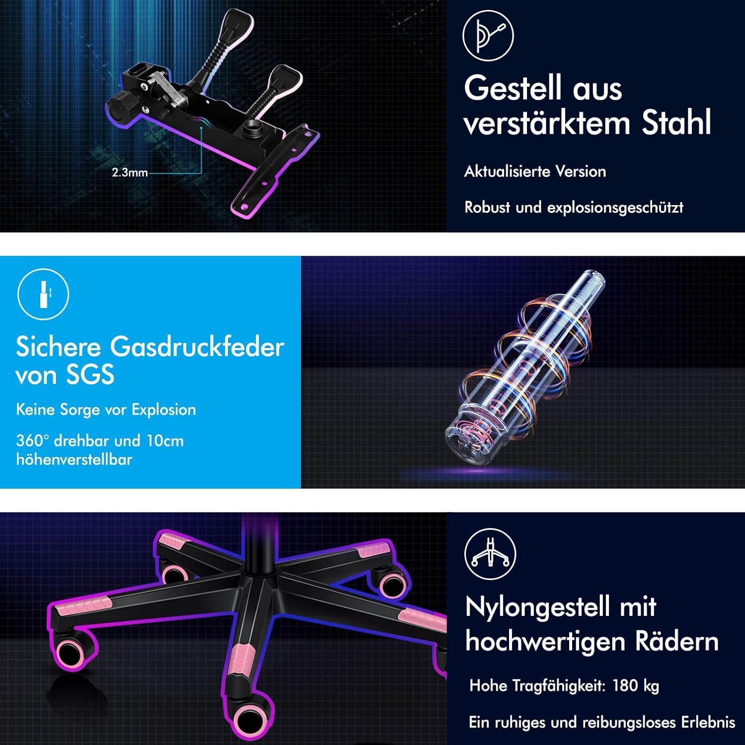 Rosa Gaming-Bürostuhl mit Fußstütze und Lendenwirbelkissen