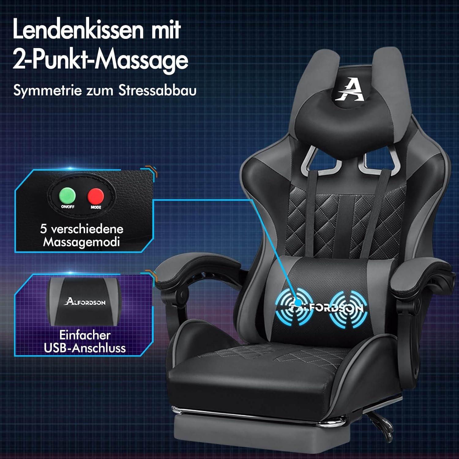 Bequemer Gaming-Bürostuhl mit Fußstütze, Lendenkissen, Neigungsverstellung