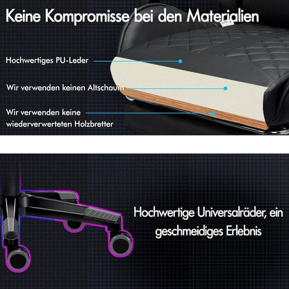 Bequemer Gaming-Bürostuhl mit Fußstütze und Liegefunktion, Grau