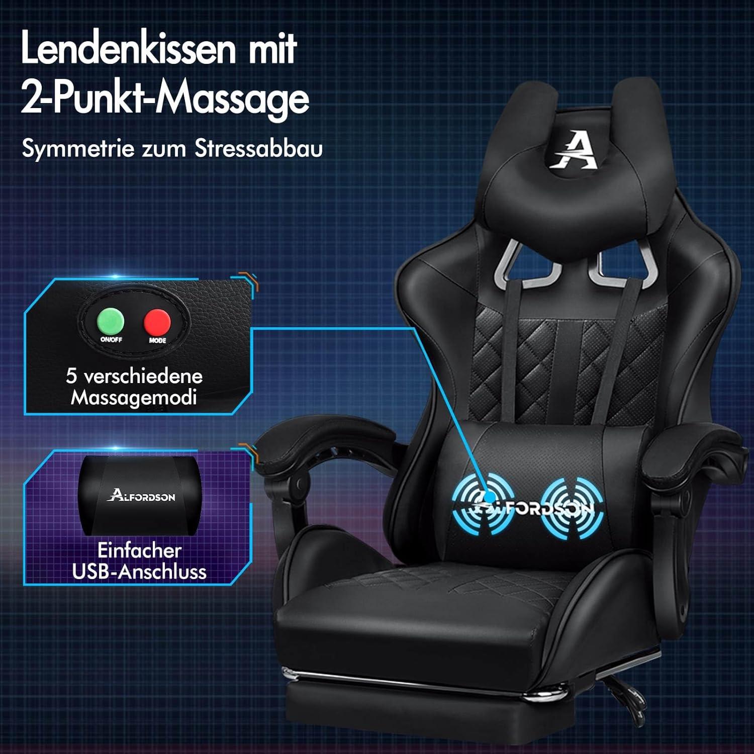 ALFORDSON Gaming-Bürostuhl mit Fußstütze und Lendenkissen, Schwarz