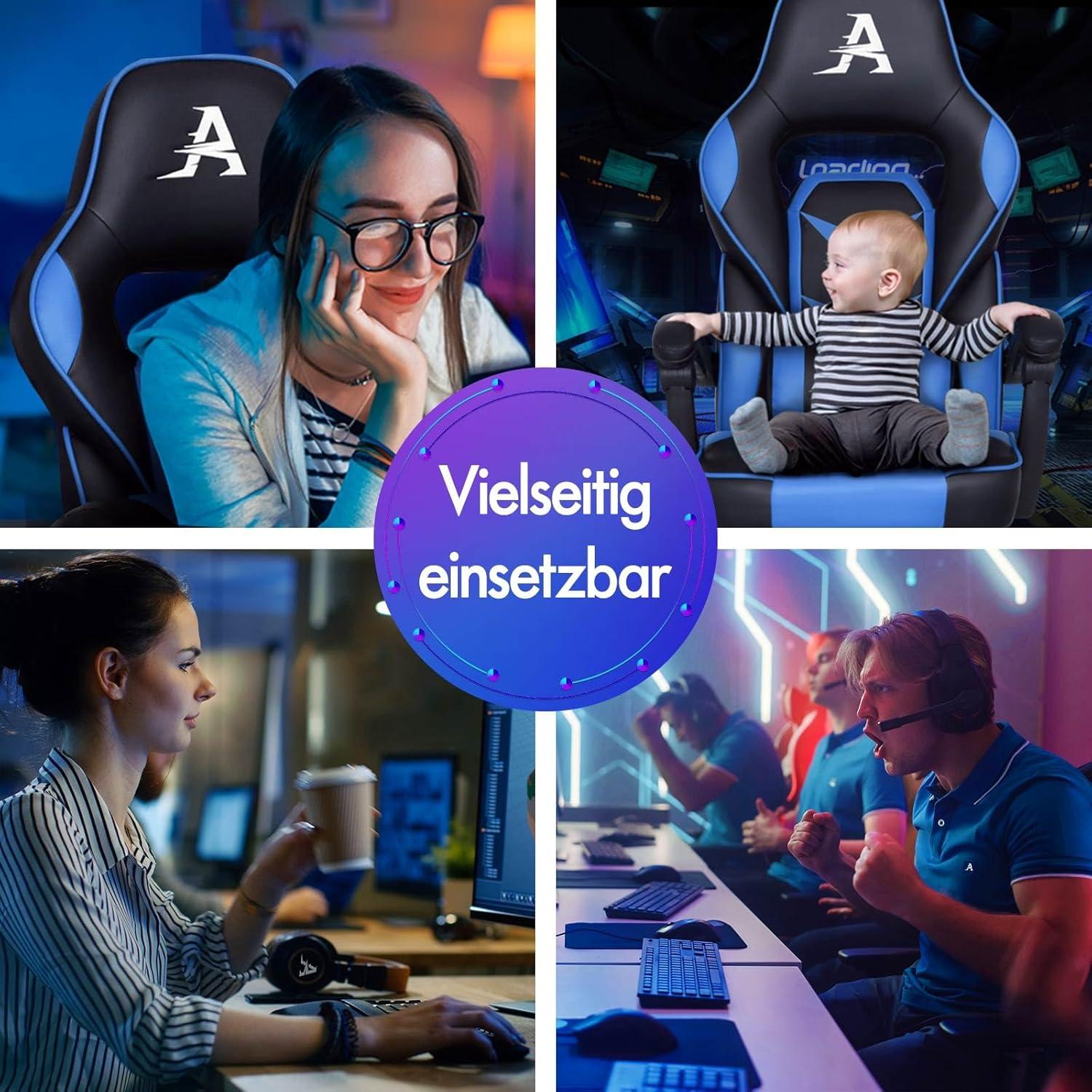 Ergonomischer Gaming Bürostuhl mit Fußstütze Blau Gorden H308cm
