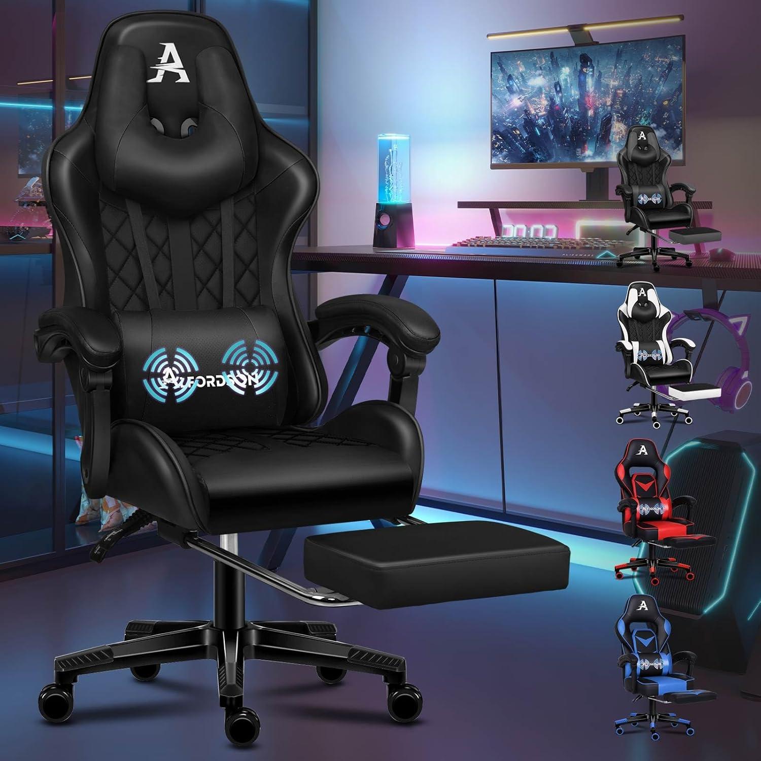 Premium-Gaming-Stuhl mit Fußstütze und Lordosenstütze, ergonomisches