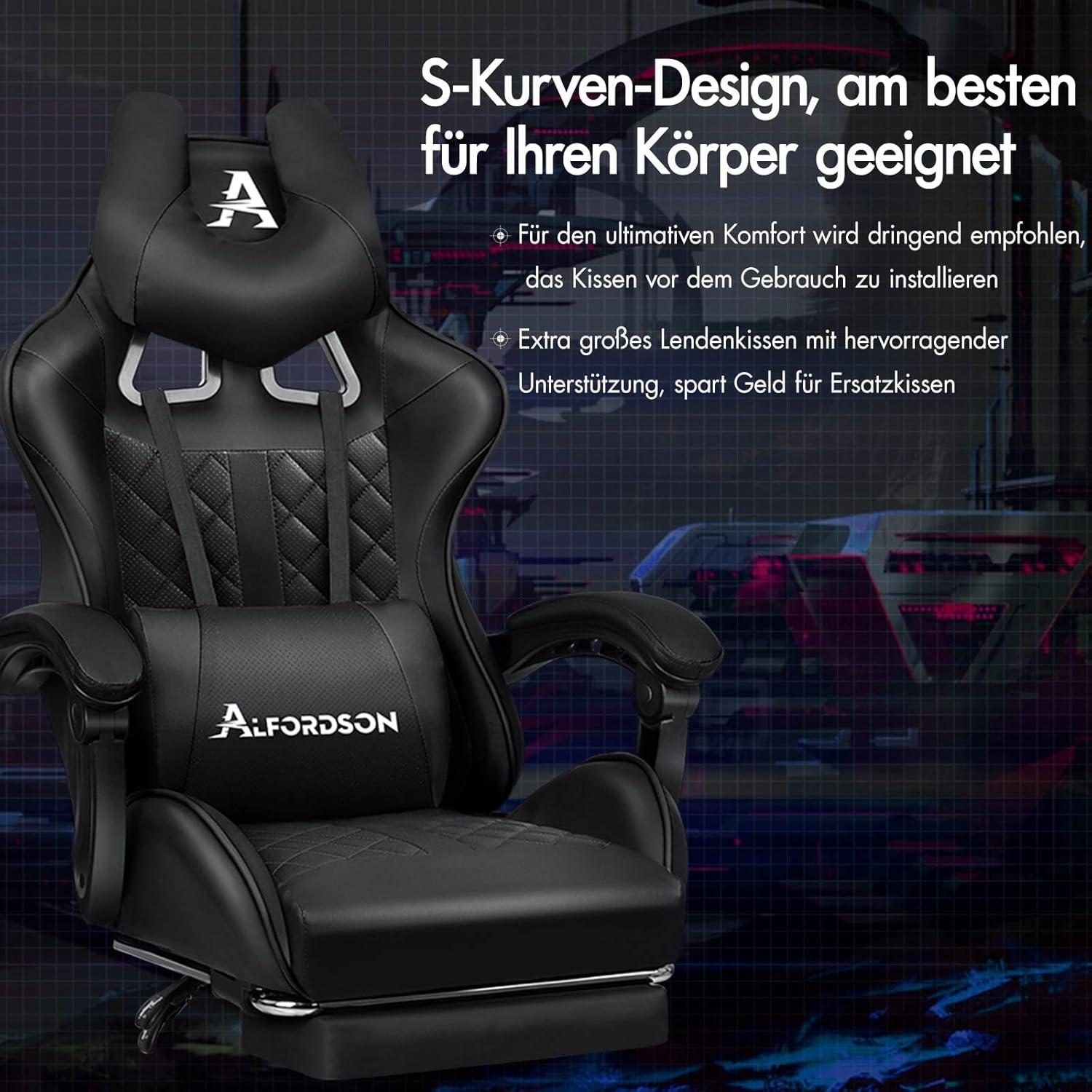 Premium Gaming Stuhl mit Fußstütze und Lordosenstütze, ergonomisches