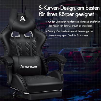 Premium Gaming Stuhl mit Fußstütze und Lordosenstütze, ergonomisches