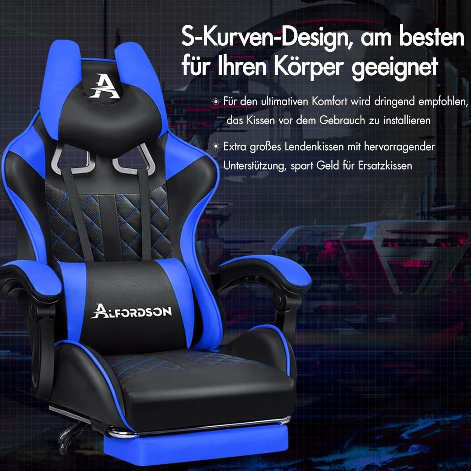 Premium Gaming Stuhl mit Fußstütze und Lordosenstütze ergonomisch