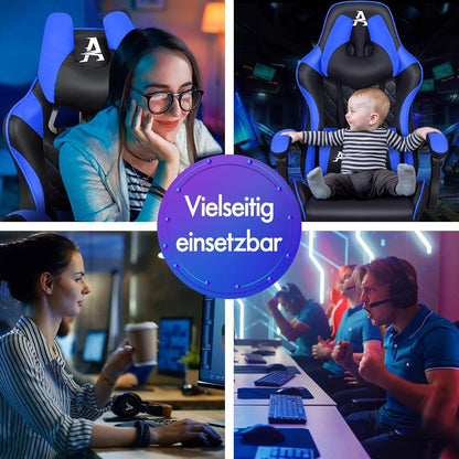 Ergonomischer Gaming Stuhl mit Fußstütze und Lordosenstütze 180 kg Blau